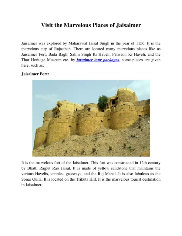 Visit the Marvelous Places of Jaisalmer
