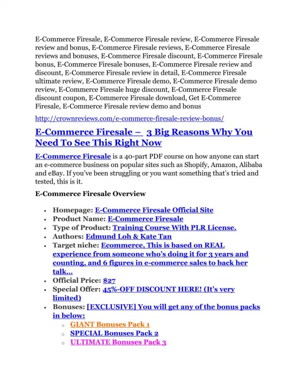E-Commerce Firesale review & E-Commerce Firesale (Free) $26,700 bonuses