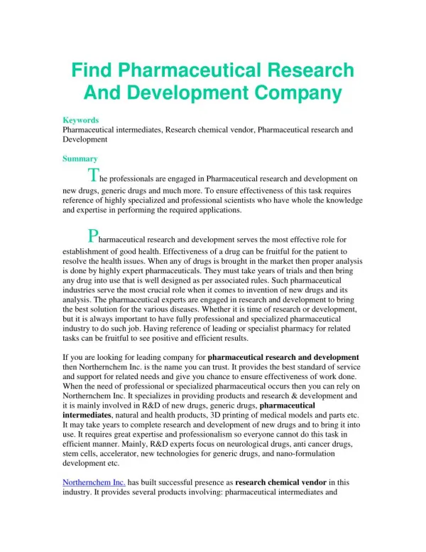 Find Pharmaceutical Research And Development Company