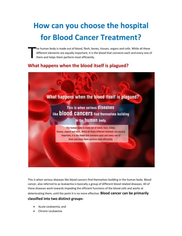 How can you choose the hospital for Blood Cancer Treatment?