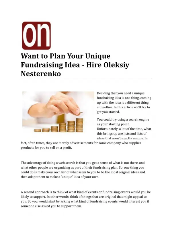 Want to Plan Your Unique Fundraising Idea - Hire Oleksiy Nesterenko