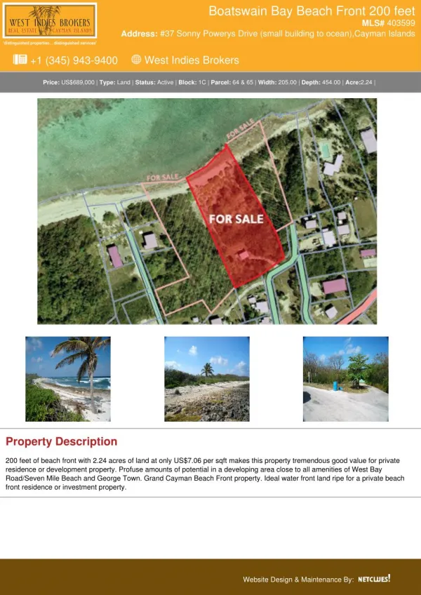Boatswain Bay Beach Front 200 feet - Cayman Land Property For Sale