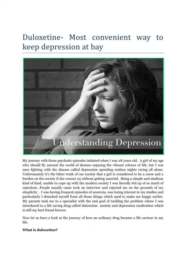Duloxetine- Most convenient way to keep depression at bay