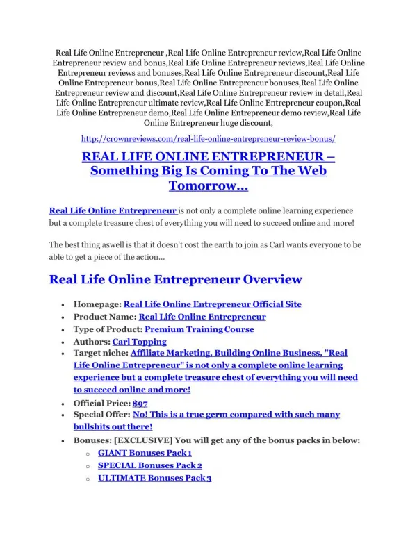 Real Life Online Entrepreneur review- Real Life Online Entrepreneur (MEGA) $21,400 bonus