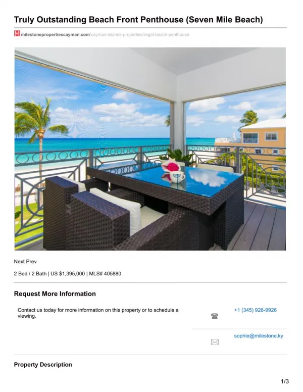 Truly Outstanding Beach Front Penthouse Cayman Property For sale