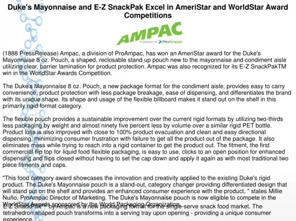 Duke's Mayonnaise and E-Z SnackPak Excel in AmeriStar and WorldStar Award Competitions