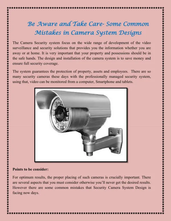 Be Aware and Take Care- Some Common Mistakes in Camera System Designs
