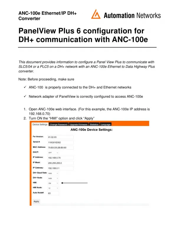 PanelView Plus 6 configuration for DH communication with ANC-100e