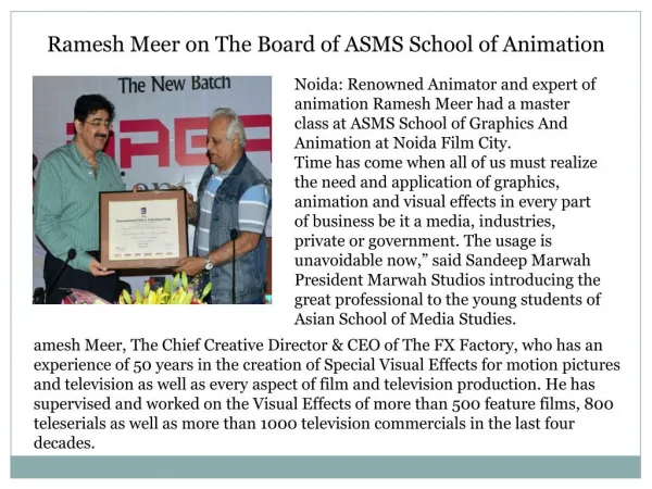 Ramesh Meer on the Board of ASMS School of Animation