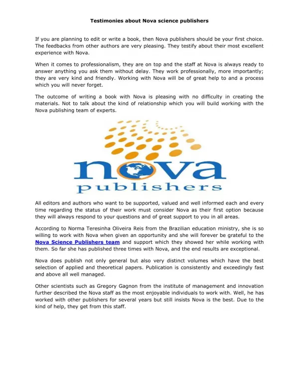 Testimonies about Nova science publishers
