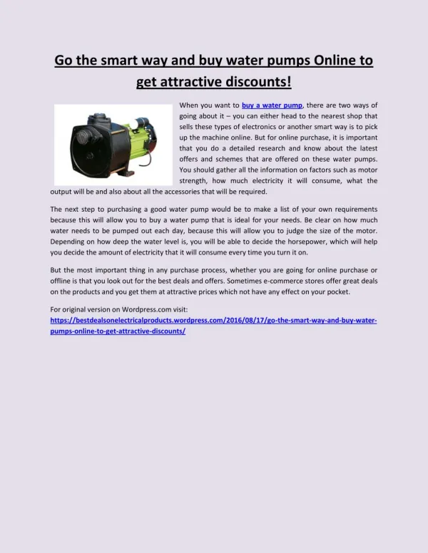 Go the smart way and buy water pumps online to get attractive discounts