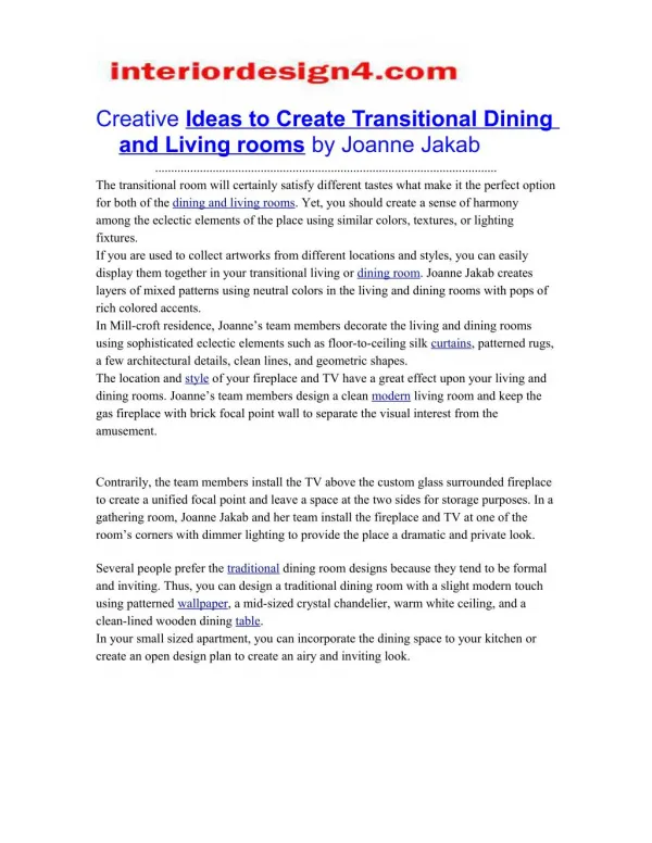 Creative Ideas to Create Transitional Dining and Living rooms by Joanne Jakab