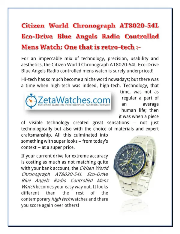 Citizen World Chronograph AT8020-54L Eco-Drive Blue Angels Radio Controlled Mens Watch: One that is retro-tech