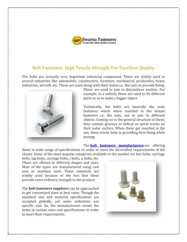 Bolt Fasteners Manufacturers Delhi, SS Bolt Fastener Suppliers Exporters India