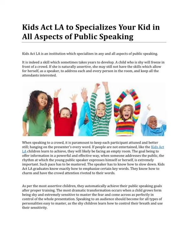 Kids Act LA to Specializes Your Kid in All Aspects of Public Speaking