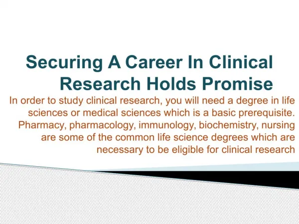 Securing A Career In Clinical Research Holds Promise