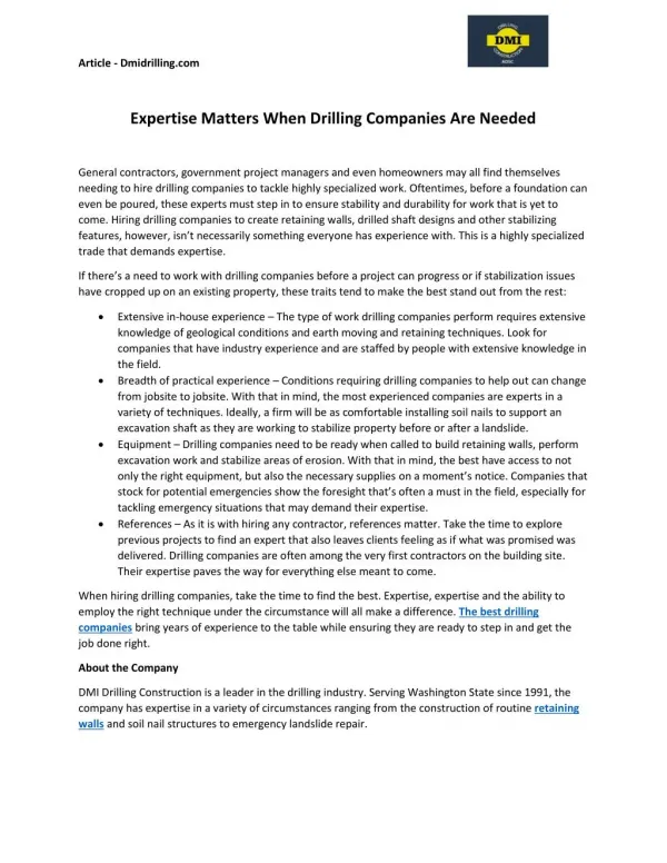"Expertise Matters When Drilling Companies Are Needed "