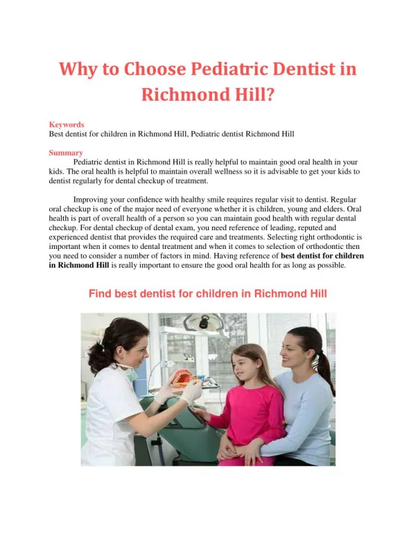 Why to Choose Pediatric Dentist in Richmond Hill?