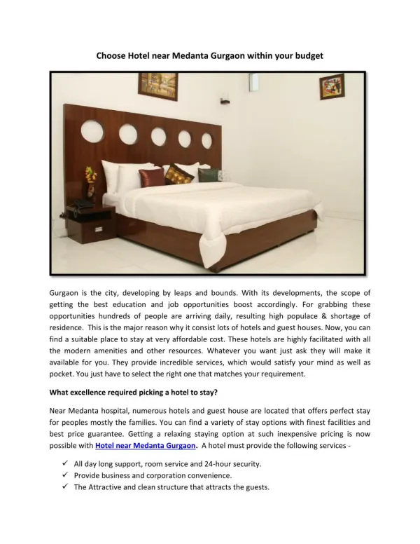 Choose Hotel near Medanta Gurgaon within your budget