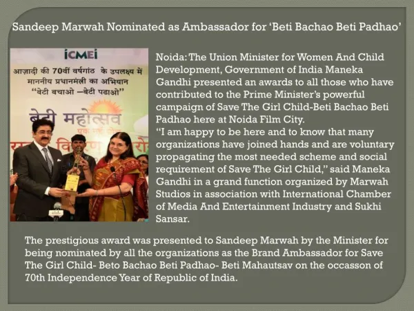 Sandeep Marwah Nominated as Ambassador for Beti Bachao Beti Padhao