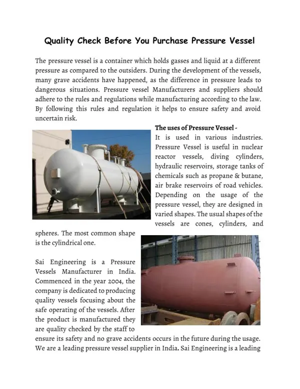 Quality Check Before You Purchase Pressure Vessel