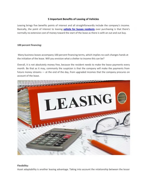 5 Important Benefits of Leasing of Vehicles