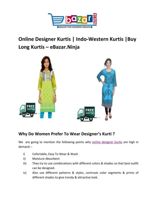 Online Designer Kurtis | Indo-Western Kurtis | Buy Long Kurti | EBazar.Ninja