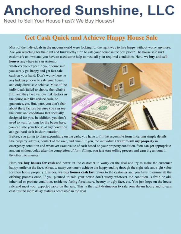 Get Cash Quick And Achieve Happy House Sale