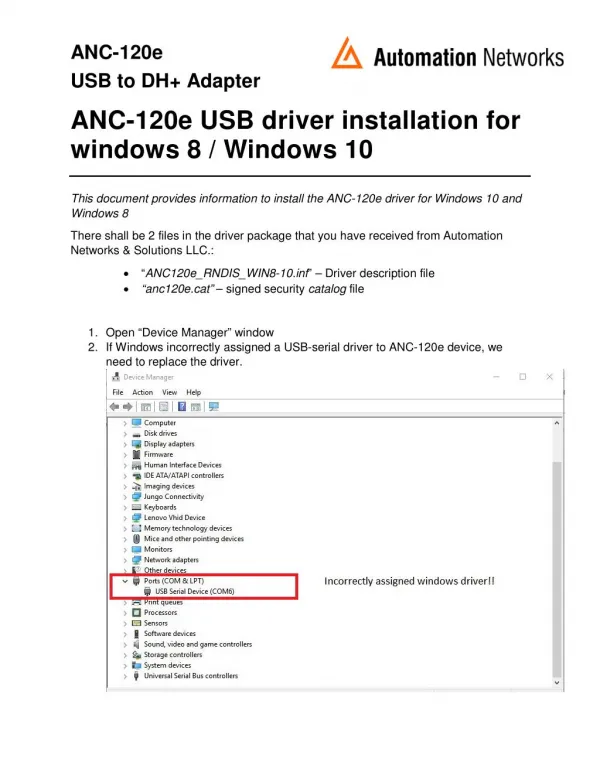 ANC-120e USB driver installation for windows 8 / Windows 10