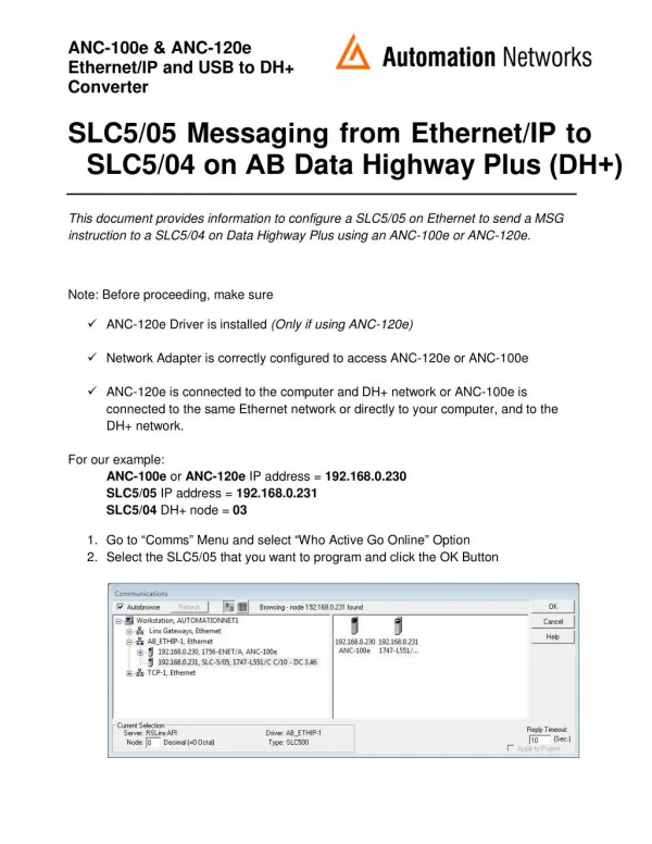 SLC5/05 Messaging from Ethernet/IP to SLC5/04 on AB Data Highway Plus (DH )