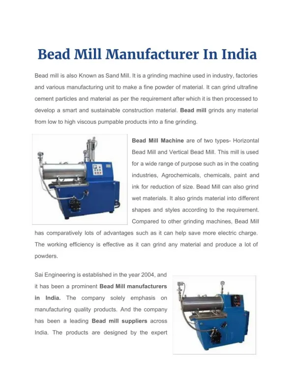 Bead Mill Manufacturer in India