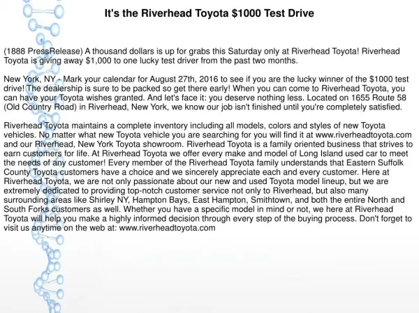It's the Riverhead Toyota $1000 Test Drive