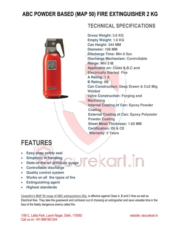 CEASEFIRE ABC POWDER BASED (MAP 50) FIRE EXTINGUISHER - 2 KG SPECIFICATIONS