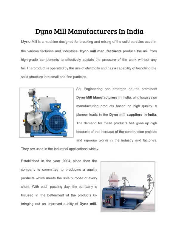 Dyno Mill Manufacturers In India