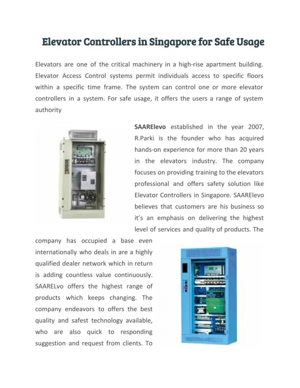 Elevator Controllers in Singapore for Safe Usage