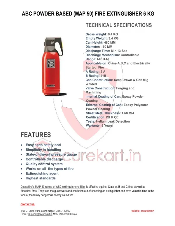 CEASEFIRE ABC POWDER BASED MAP-50 FIRE EXTINGUISHER - 6 KG SPECIFICATIONS