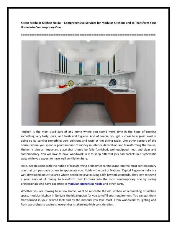 Kistan Modular Kitchen Noida – Comprehensive Services for Modular Kitchens and to Transform Your Home into Contemporary