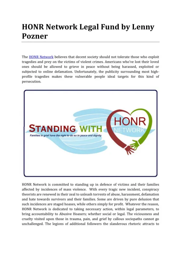 HONR Network Legal Fund Created by Lenny Pozner