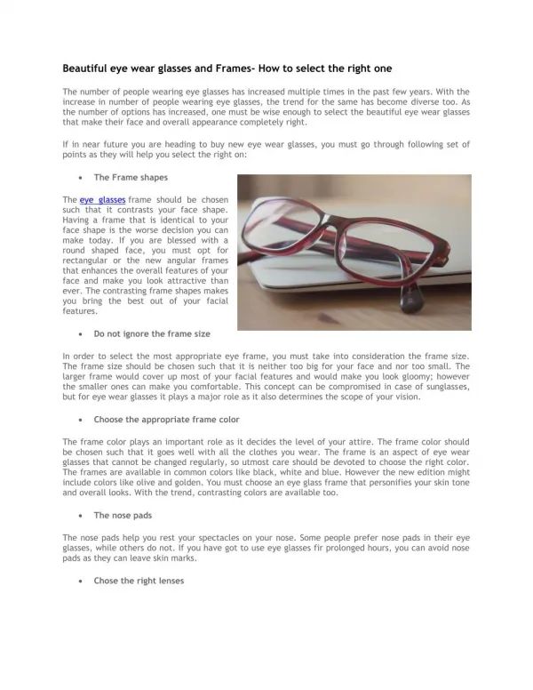 Beautiful eye wear glasses and Frames- How to select the right one