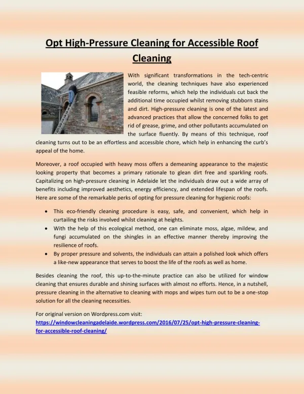Opt high pressure cleaning for accessible roof cleaning