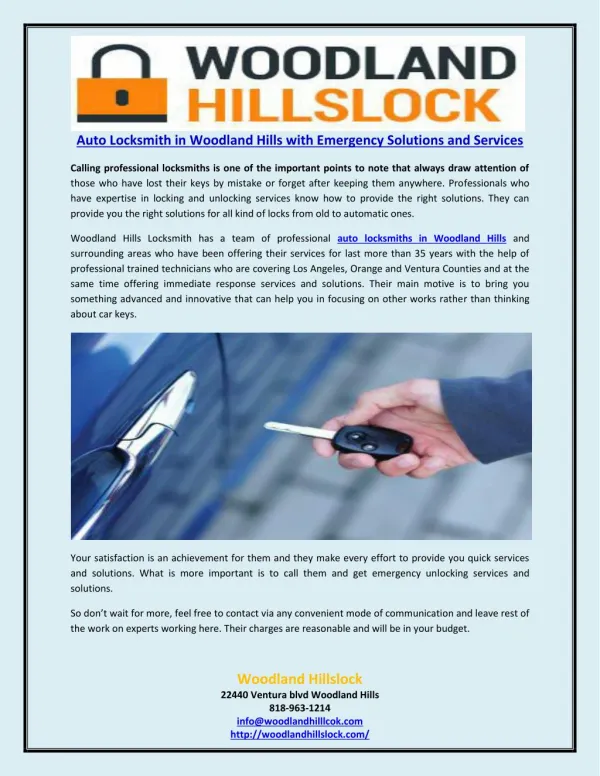 Auto Locksmith in Woodland Hills with Emergency Solutions and Services