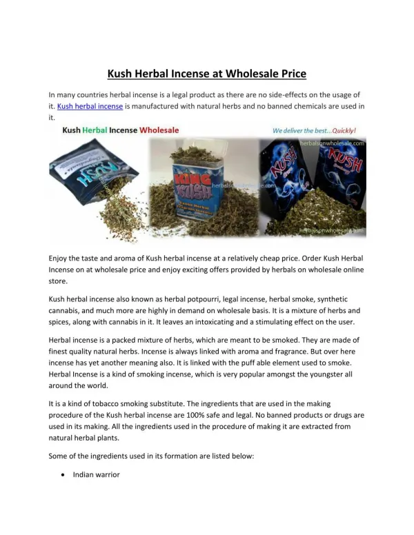 Wholesale Kush Herbal Incense for Sale