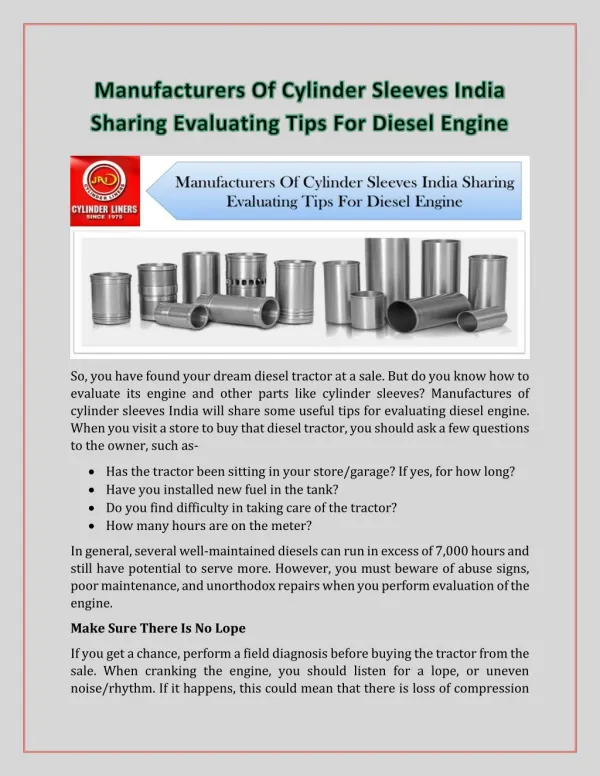 Manufacturers of Cylinder Sleeves India Sharing Evaluating Tips for Diesel Engine