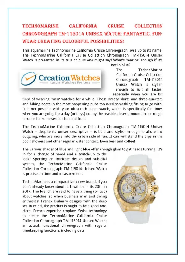 TechnoMarine California Cruise Collection Chronograph TM-115014 Unisex Watch