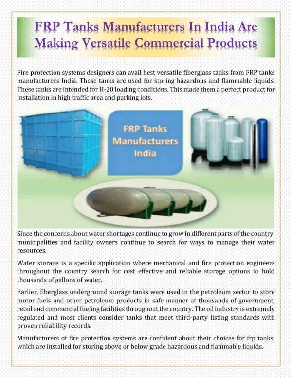 FRP Tanks Manufacturers In India Are Making Versatile Commercial Products