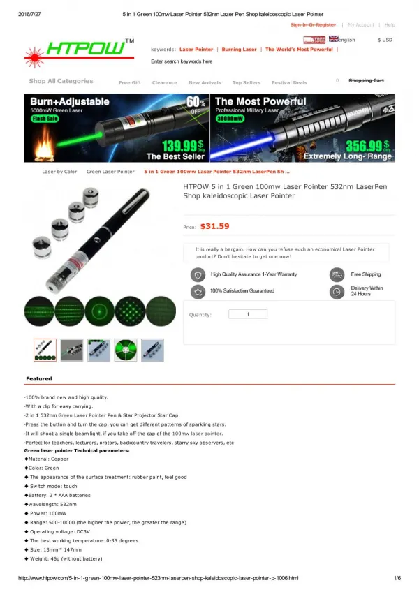 HTPOW 100mw Green Laser Pointer Pen