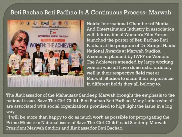 Beti bachao beti padhao is a continuous process marwah