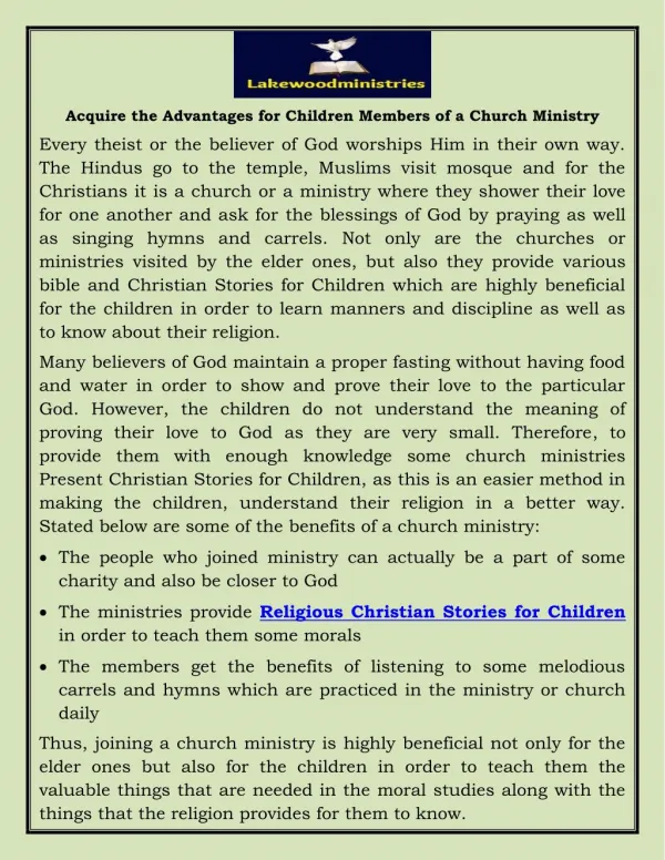 Acquire the Advantages for Children Members of a Church Ministry