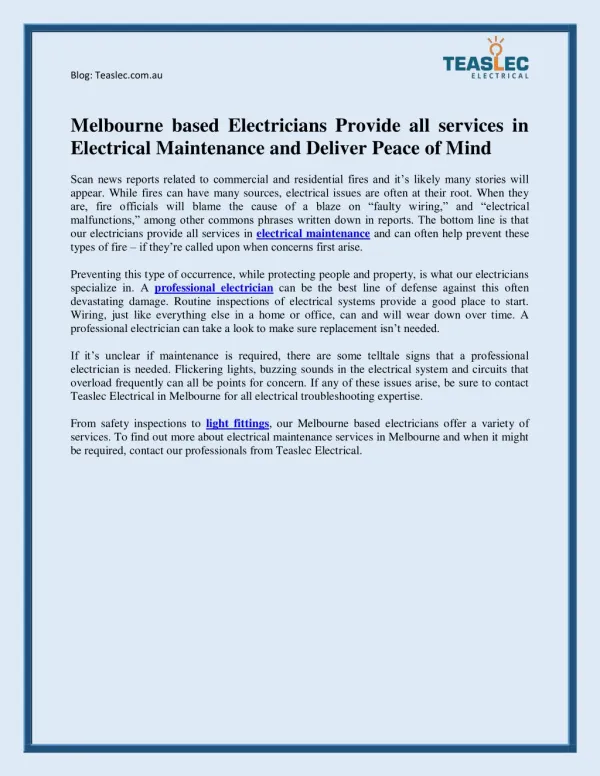 Melbourne based Electricians Provide Electrical Maintenance Services and Deliver Peace of Mind