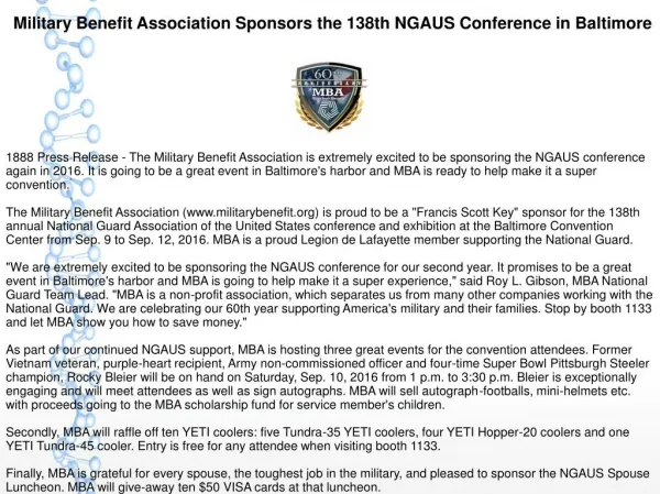 Military Benefit Association Sponsors the 138th NGAUS Conference in Baltimore